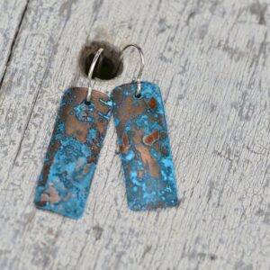 blue patina copper rectangle earrings long