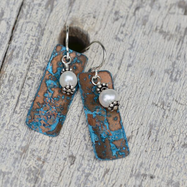 blue patina copper rectangle earrings long with pearl
