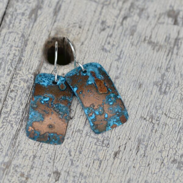 blue patina copper rectangle earrings