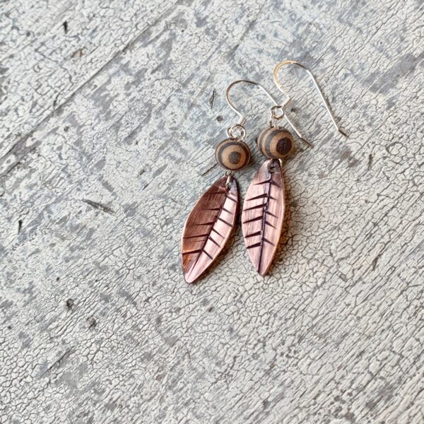Contemporary Leaf Earrings with Striped Wood Bead 1