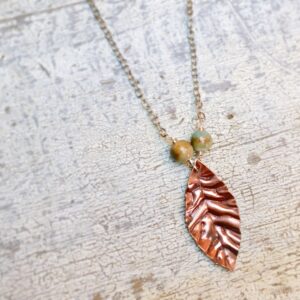 copper leaves pendant with green beads