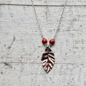 copper leaves pendant with red beads