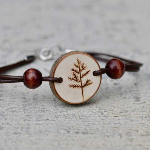wood burned tree bracelet with dark wood beads