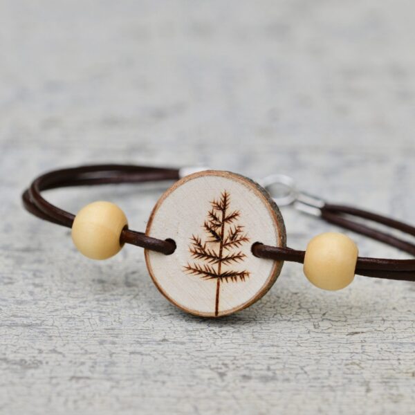 wood burned tree bracelet with light wood beads