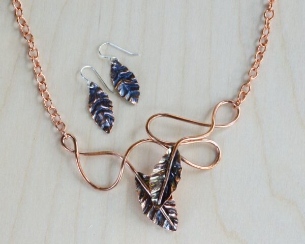 copper leaves necklace and earrings