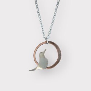 Silver Bird Silhouette on Copper Hammered Circle Pendant