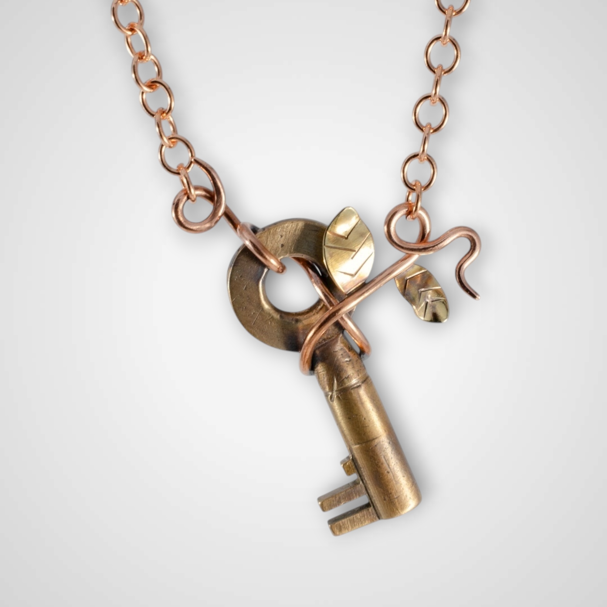 Antique Key with Vine Copper Chain Necklace
