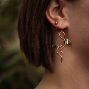 Bronze Stud Earring and Twisted Vine Earring on model (1)