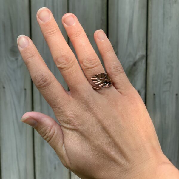 Copper Leaf Ring on Hand