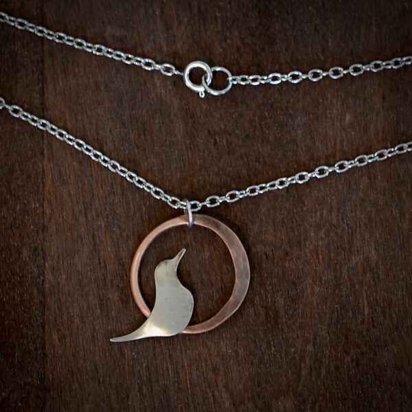 Bird Silhouette Pendant with Copper Circle and Detail Shot of Spring Ring Clasp