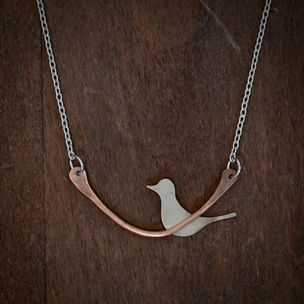 Silver Bird Silhouette on Copper Wire Branch Necklace