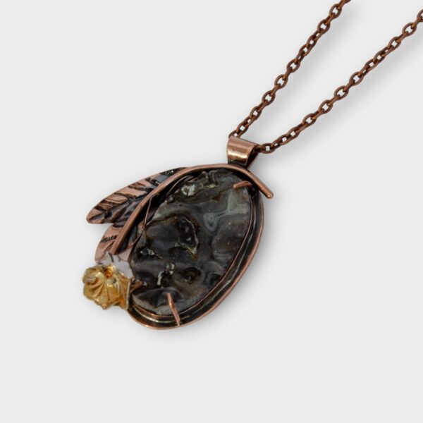 Silver flower and copper leaves druzy pendant