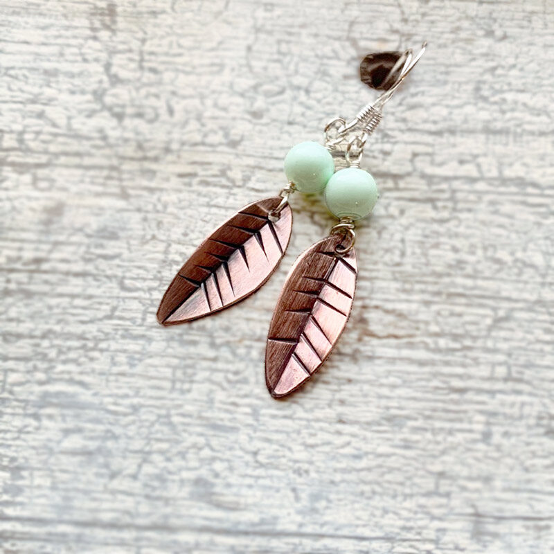 contemporary handmade copper leaf earring
