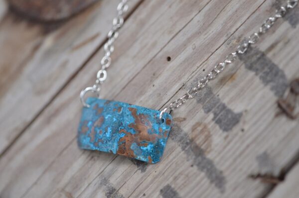 blue patina horizontal rectangle necklace close up