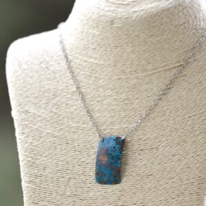 blue patina vertical rectangle necklace square on bust