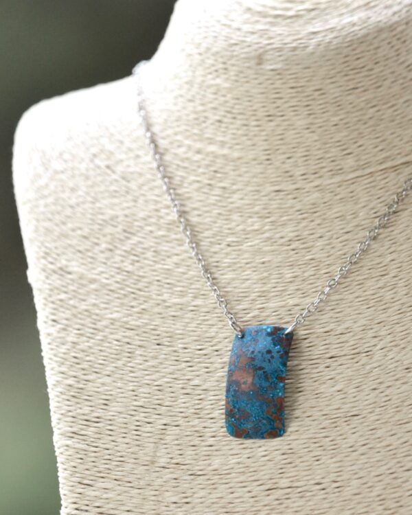 blue patina vertical rectangle necklace vertical image on bust
