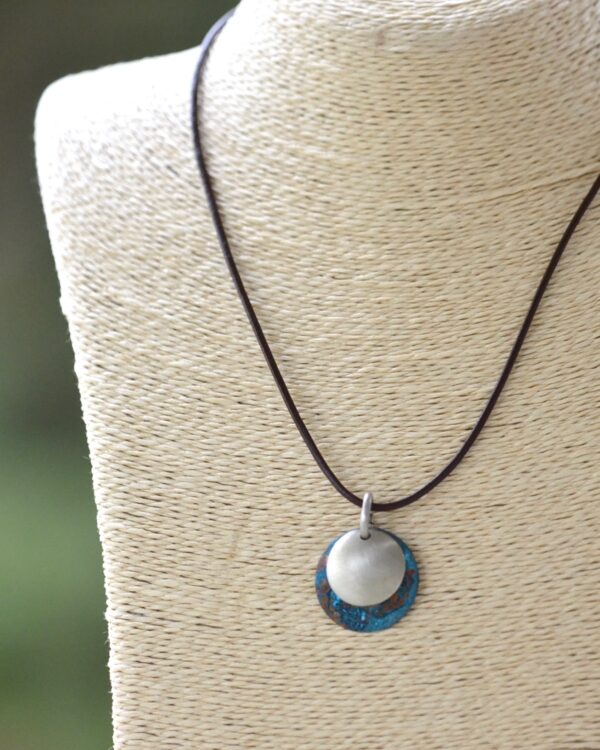 blue patina dome leather necklace with brushed nickel overlay