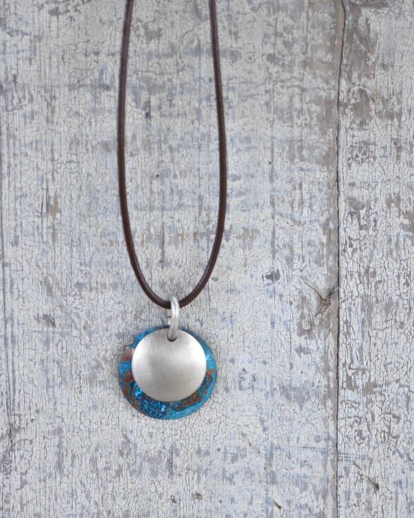 blue patina dome leather necklace with brushed nickel overlay vertical on white