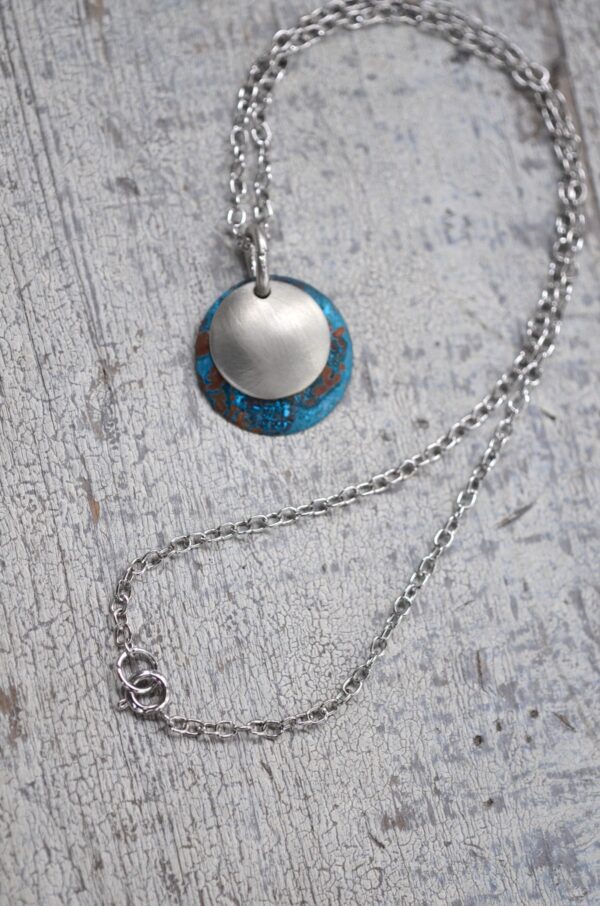 blue patina dome necklace with brushed nickel overlay necklace clasp
