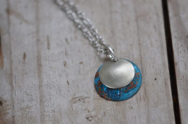 blue patina dome necklace with brushed nickel overlay necklace close up