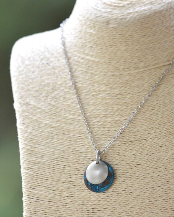 blue patina dome necklace with brushed nickel overlay necklace on bust vertical