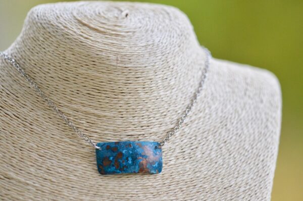 blue patina horizontal rectangle necklace on bust
