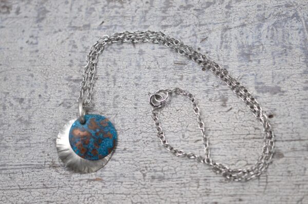 blue patina overlay on textured brushed nickel dome necklace clasp