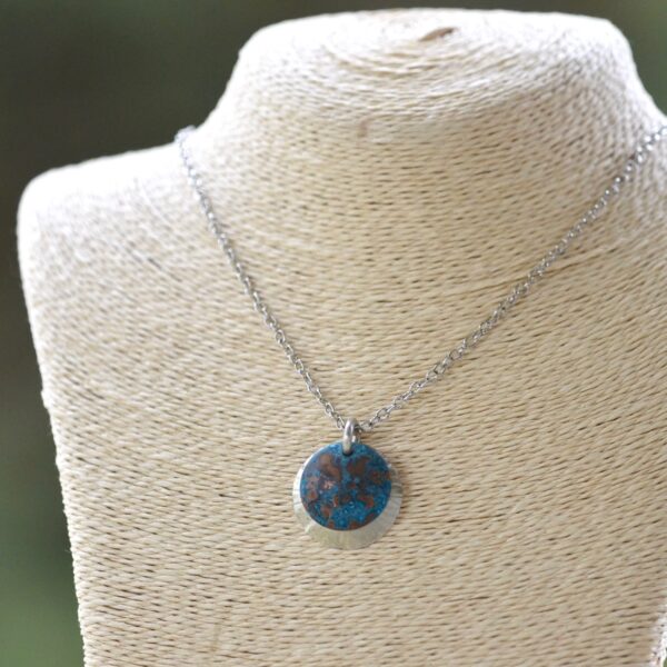 blue patina overlay on textured brushed nickel dome necklace square bust