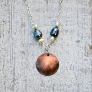 copper dome necklace with blue and white pearls