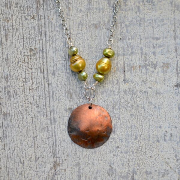 copper dome necklace with yellow and green pearls