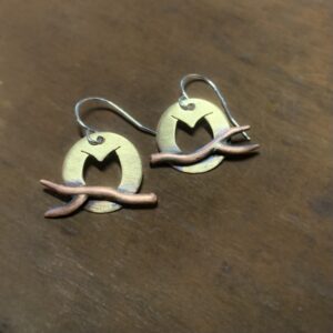 Full moon owl earrings bronze design with copper wire on sterling ear wires