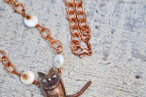 owl necklace copper chain white gemstone clasp