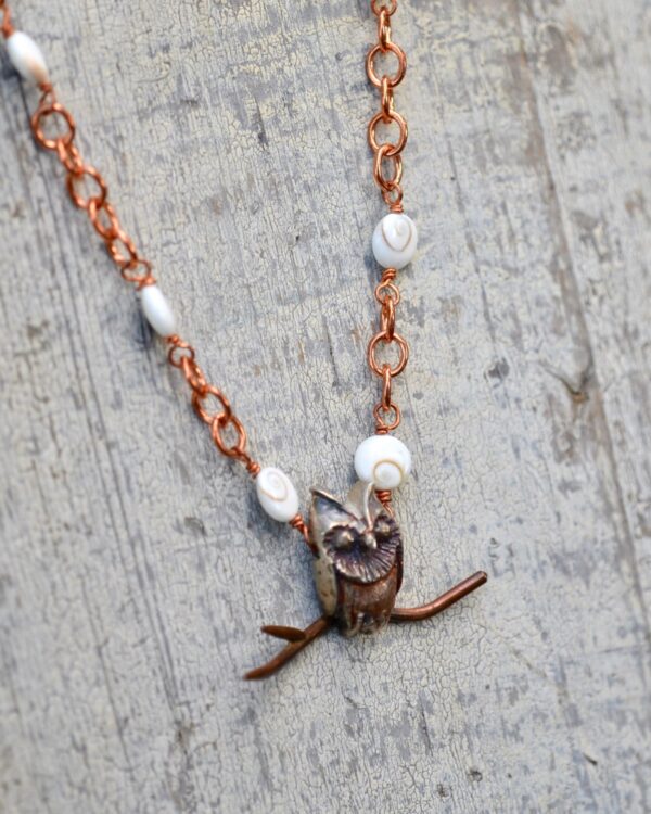 owl necklace copper chain white gemstone side