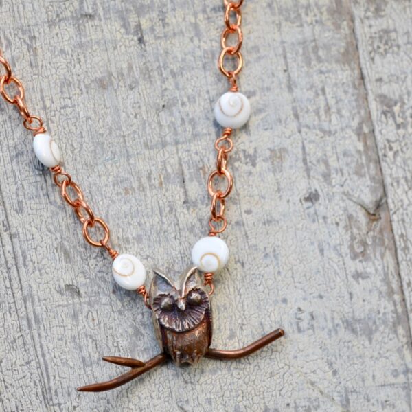 owl necklace copper chain white gemstone