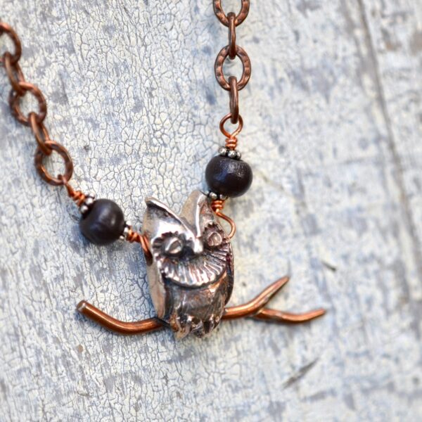 sterling silver owl on antiqued copper chain side view