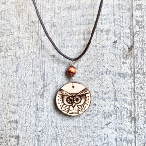 wood burned owl necklace on leather cord