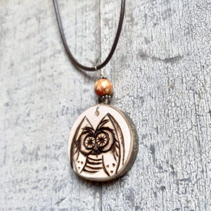 wood burned owl necklace