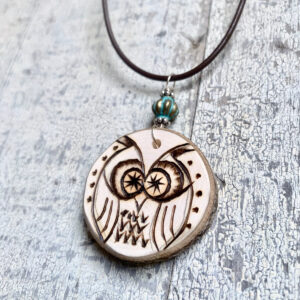 wood burned owl necklace