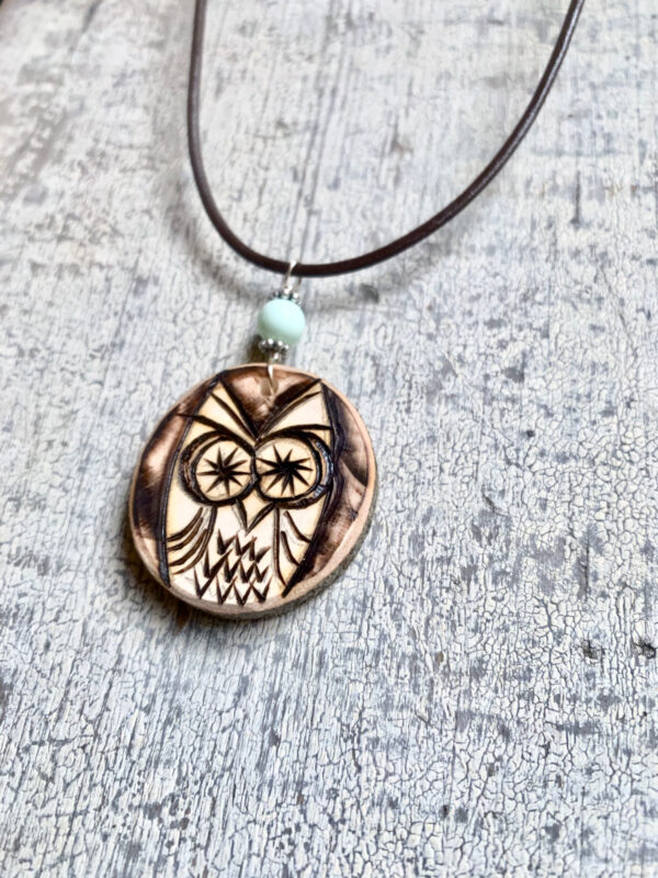wood burned owl necklace on leather
