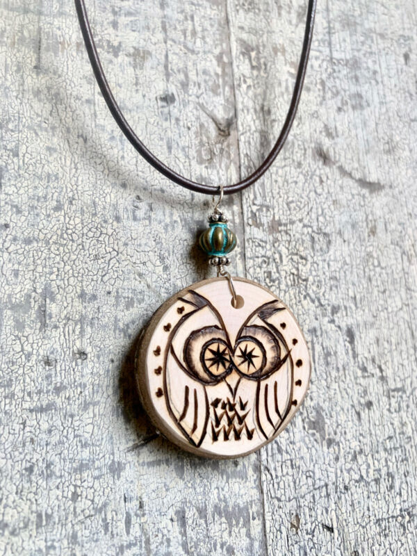 wood burned owl necklace